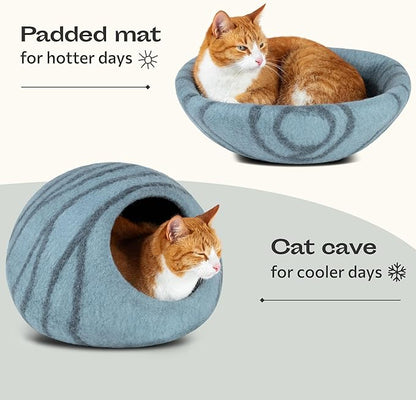 MEOWFIA Cat Cave – Premium Felt Cat Bed for Indoor Cats, Handmade Merino Wool (Aquamarine, Medium)
