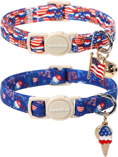 Lionet Paws 2pcs Pack 4th of July Cat Collar,Summer Cat Collars with Popsicle and USA Pattern,Cute Adjustable Cat Collar for Girl Boy Cats
