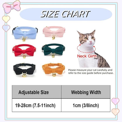 Soft Corduroy Cat Collar with Bell and Bowtie, Safety Breakaway Clasp, Adjustable for Kitten and Cats Green Color.