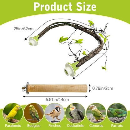 PINVNBY 2 PCS Bendable Bird Perches Simulation Branch Parrot Perch Stand with Green Leaf Hanging Paw Grinding Fork Cage Accessories for Parakeet Budgie Finch Cockatiel Conure (Medium)