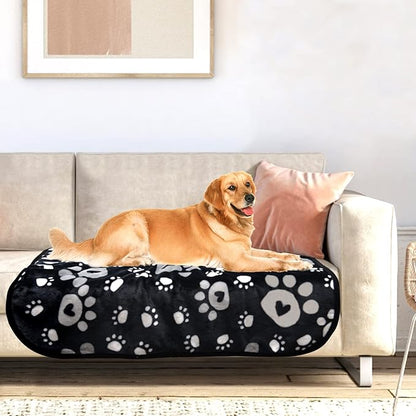 Dog Blanket, Soft Fleece Dog Blankets for Large Dogs, Fluffy Flannel Pet Cat Puppy Blanket Mat Cover for Bed Couch, Cute Paw Print Throw Blanket for Dogs, Black 60"X50"