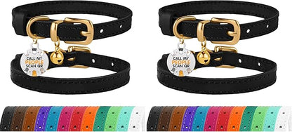 BRONZEDOG Leather Cat Collar with Removable Bells Non Breakaway Kitten QR Tag for Girl Boy (7" - 9" for Cats, Black & Gold) (Pack of 2)