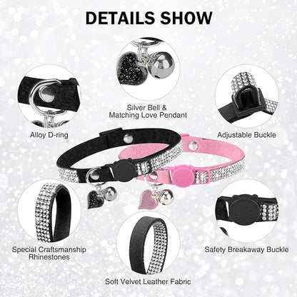 Rhinestone Cat Collar Breakaway with Bell, Diamond Cat Collar with Safety Buckle Quick Release for Girl Boy Small Kitten Pets Puppy,Cute Soft Female Male Cat Collars, Color Pink & Black 7-9"