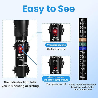 AQUANEAT Aquarium Heater, 200W Fish Tank Heater, Adjustable Submersible Water Thermostat with Thermometer