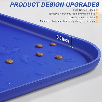 Silicone Pet Feeding Mat with Raised Edge for Food and Water, Dog Bowl Mats, Cat Bowls Placemat with High Lip for Floor Waterproof, Rubber Tray for Cats and Dogs 24 x 16 x0.8 Navy Blue