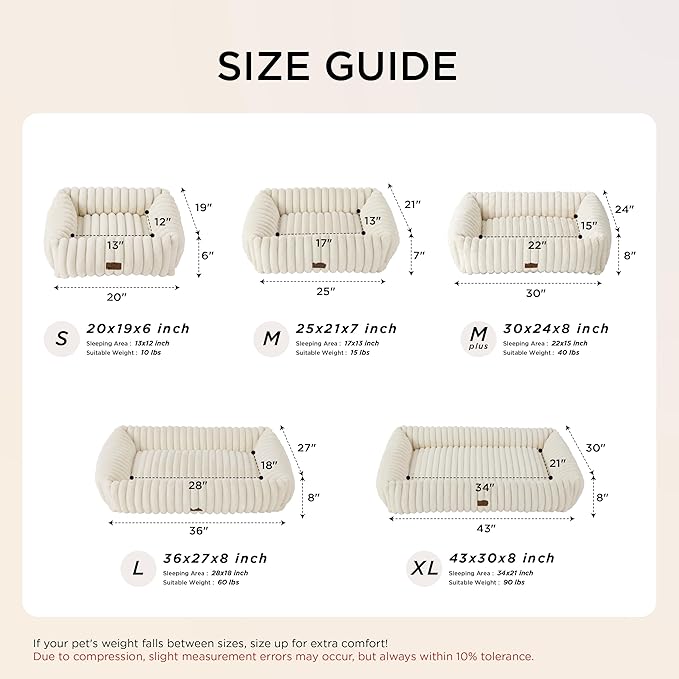 Bedsure ComfyFleece™ Cute Dog Beds Large Sized Dog - Washable Furry Pet Beds, Rectangle Orthopedic Corduroy Fleece Puppy Beds with Removable Zipper Cover, 36x27x8inches, Cream