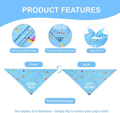 Dog Birthday Bandana Boy for Large X-Large Dogs, Reversible 2 Patterns in 1, Blue Confetti Scarf, Happy Birthday Party Outfit Puppy Gift (18-23" Neck)
