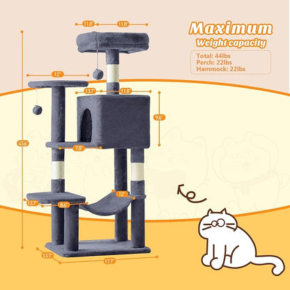 Sweetcrispy 44 Inch Cat Tree Tower, Cat Climbing Tower with Natural Sisal Scratching Posts, Hammock, Pet Condo for Indoor Cats and Kittens Play, Dark Grey