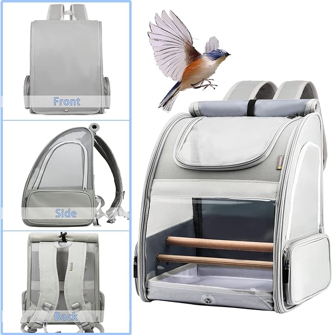 Texsens Bird Carrier Backpack - Pet Travel Cage with Upgraded Tray and Standing Perches, Breathable & Portable, for Small Birds, Green Cheek, Cockatiel, Parrot (Grey)