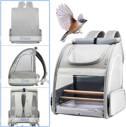 Texsens Bird Carrier Backpack - Pet Travel Cage with Upgraded Tray and Standing Perches, Breathable & Portable, for Small Birds, Green Cheek, Cockatiel, Parrot (Grey)