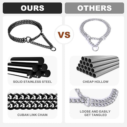 Stainless Steel Black Dog Chain Collar - Adjustable, Chew Proof, Double Row, Cuban Link, Walking Collar for Large, Small, Medium Dogs