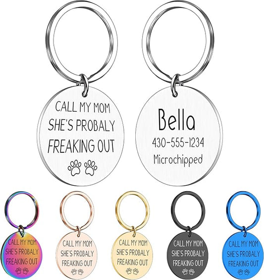 Funny Personalized Dog Tag, Customized Dog Collar with Name Tags Plate, Call My Mom! She's Probably Freaking Out,Cute Pet Tag Keychain for Dogs Cats Owner, Pet Name Tag Double Sided Engraved