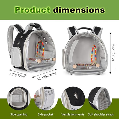 Portable Parrot Travel Cage Carrier with Small Swing Toy&Cage Colorful Toys Set Small Bird Parakeet Bag with Standing Perch Bird Carry Transport Bag (Black, Backpack/Swing)