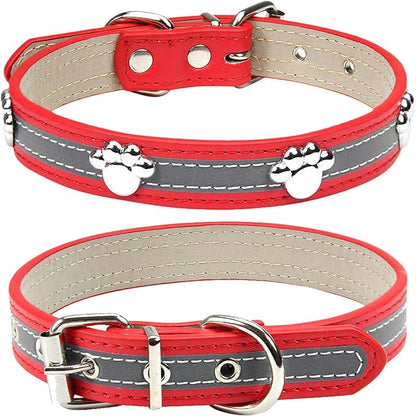 PETCARE Reflective Dog Collar with Cute Paw Rivet Studded Funny Soft PU Leather Adjustable Puppy Dog Collars for Small Medium Large Dogs Cats (Red,Small)