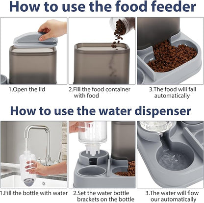 Yummy Sam Automatic Cat Feeder and Water Dispenser, 2 in 1 Large Capacity Gravity Small Pet Auto 2.5L Pet Feeder and 1L Waterer Set Feeder Dish for Small Medium Pets Dog Puppy Kitten (Grey Black)