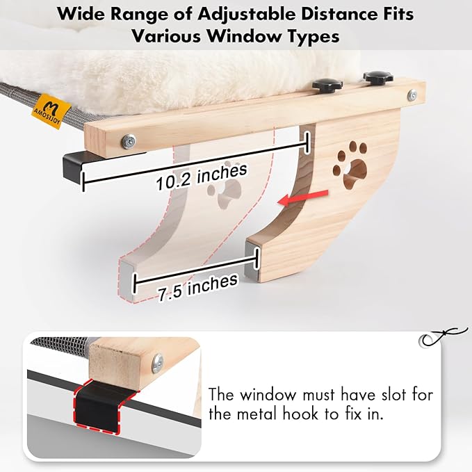 AMOSIJOY Cat Sill Window Perch Sturdy Hammock Seat with Cushion Bed Cover, Wood & Metal Frame for Large Cats, Easy to Adjust Windowsill, Bedside, Drawer and Cabinet (L)