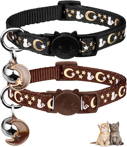 2PCS Breakaway Cat Collars with Bell Cute Kitty Glow in The Dark Adjustable Kitten Collars 7.9-13.0 Inch(Brown&Black)