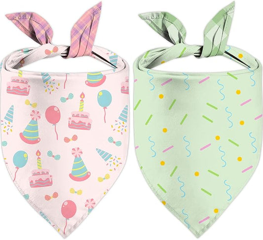 Birthday Dog Bandanas, Double Side All 4 Patterns Reversible Large Pet Bandanas 2 Pack, Celebration Set, Plaid Adjustable Triangle Holiday Pink Green Scarves for Dogs Girl Boy Pets