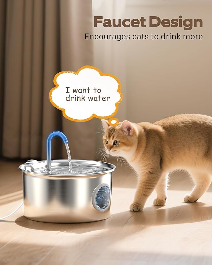 Cat Water Fountain Stainless Steel: Cat Fountain for Drinking - 88oz/2.6L Pet Water Fountain for Cats Indoor - Quiet Cats Water Bowl Dispenser - Pets Feeding & Watering Supplies - for Small Animals