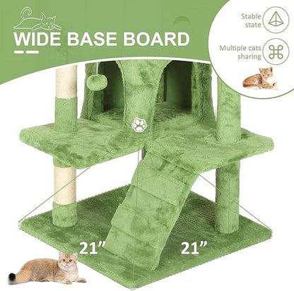 70 Inch Green Cat Tree, Tall Cat Tower with 2 Condos, 3 Scratching Posts, Multi-Level Platforms - Sturdy Climbing Structure Tall Cat Tower for Indoor Cats