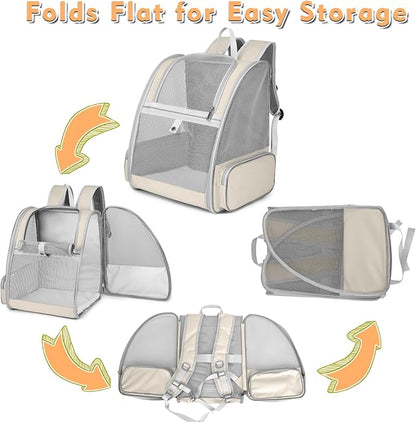 Cat Backpack Carrier, Large Pet Carrier Backpack with Kitten Wand Feather Toy for Medium Small Dog Cat Puppy Kitty Bunny up to 15lbs, Ventilated Mesh Kitten Bookbag for Travel Walking Outdoor (Beige)