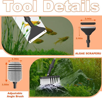 SEAOURA 7-in-1 Aquarium Cleaning Tool, Fish Tank Cleaner with Telescopic Handle,Aquariums Scraper,Adjustable Angle Brush,Gravel Rake,Plant Fork, Flat Sponge,Large Fishes Net,Hose Brushes
