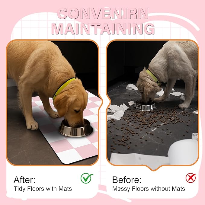 Cat Food Mat - 12"x 20" Cat Dog Mats for Food and Water Bowl, Checkered Pet Placemat Feeding Mat, Non-Slip Under Pet Bowls Mats for Messy Drinkers, Pink & White