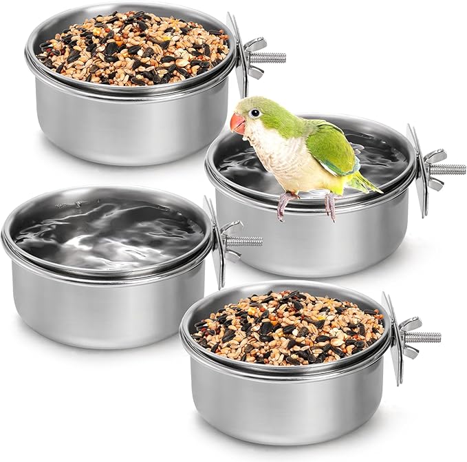 Okllen 4 Pack Bird Feeding Dish Cups, Detachable Stainless Steel Bird Food Bowls with Clamp for Chinchilla Parrot Cockatiel Conure Budgies Parakeet Small Animal