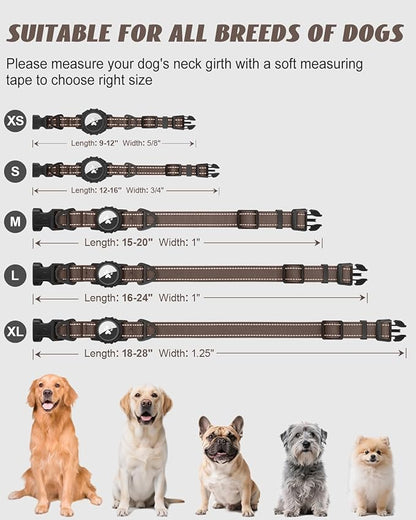Joytale Airtag Dog Collar, Reflective Pet Collar with Waterproof AirTag Holder, Dual D-Rings, Soft Padded Adjustable for Large Dogs, Brown, L