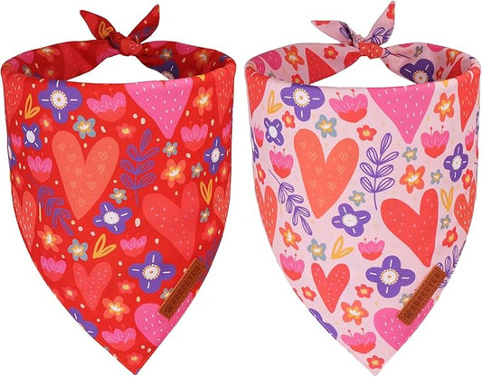 ADOGGYGO Valentines Dog Bandana 2 Pack, Heart and Floral Print Pet Scarf Bib, Adjustable Fit Red Pink Valentines Bandanas for Extra Large Dogs (X-Large)