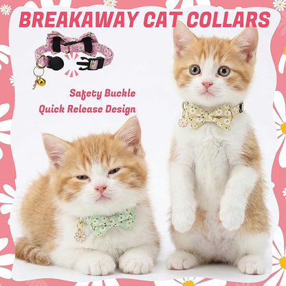 6 Pack Breakaway Cat Collars with Bow Tie and Bell Floral Kitten Cat Collars Adjustable Cat Bowtie Collar with Pendants for Girl Boy Kitten Cats