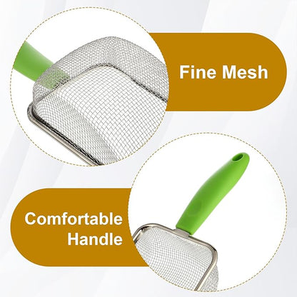 Stainless Steel Mesh Litter Shovel, Fine Mesh Metal Reptile Litter Cleaner Scooper, Green Non-Slip Handle Sifter for Lizard Substrate Reptile Terrarium Sand Waste