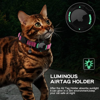 Luminous AirTag Cat Collar Breakaway, OUCWLTAG GPS Cat Collar with Apple Air Tag Holder, Cat Tracker Collars with Safety Elastic Band for Girl Boy Cats, Kittens and Puppies (Pink, 7-10 Inch)
