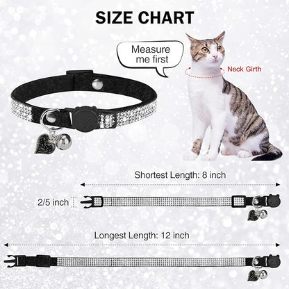 Rhinestone Cat Collar Breakaway with Bell, Diamond Cat Collar with Safety Buckle Quick Release for Girl Boy Small Kitten Pets Puppy,Cute Soft Female Male Cat Collars, Color Black 8-12"