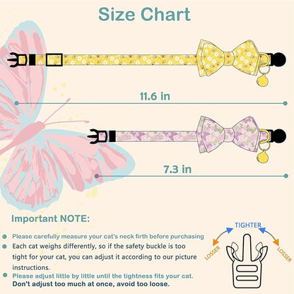 Faygarsle 2 Pack Breakaway Bowtie Cat Collar with Bell for Male Female Cats Soft Fancy Yellow Pink Bee Butterflies Pattern Spring Summer for Boy Girl Cats