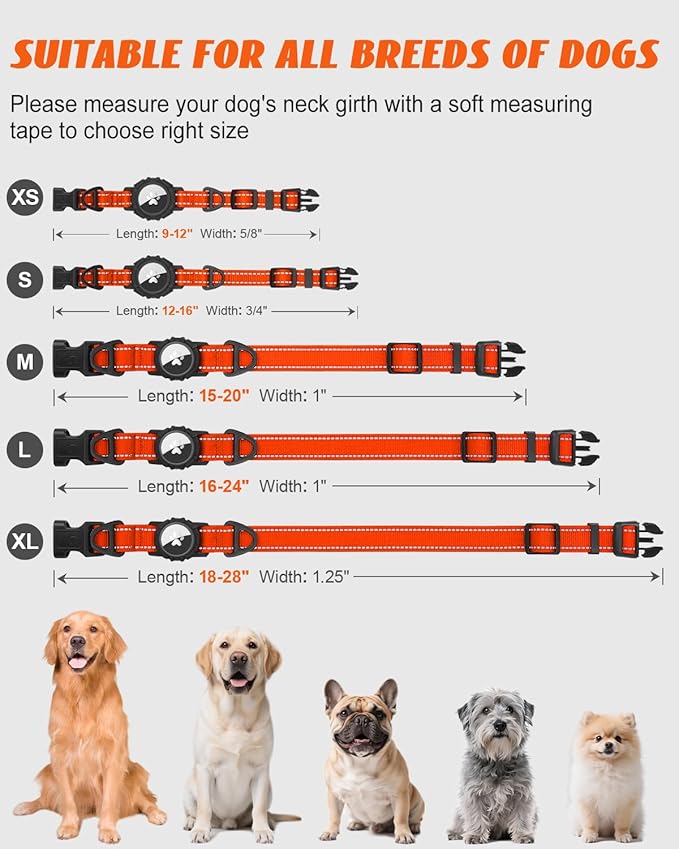 Joytale Airtag Dog Collar, Reflective Pet Collar with Waterproof AirTag Holder, Dual D-Rings, Soft Padded Adjustable for Small Dogs, Orange, S