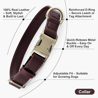Plutus Pet Genuine Leather Dog Collar – Adjustable Pet Collar with Quick Release Metal Buckle, Soft Real Leather for Small Medium Large Dogs, Heavy Duty & Skin-Friendly (Copper Brown, S)