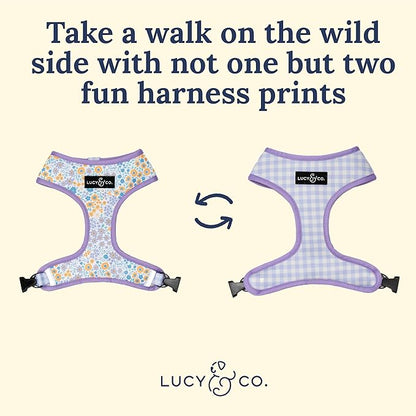 Lucy & Co. Cute Reversible Dog Harness Walking Halter - Best Designer Pet Harnesses for XS - XL Dogs - Padded Adjustable Vest for Easy Walking (X-Small, Among The Wildflowers - Purple Floral)