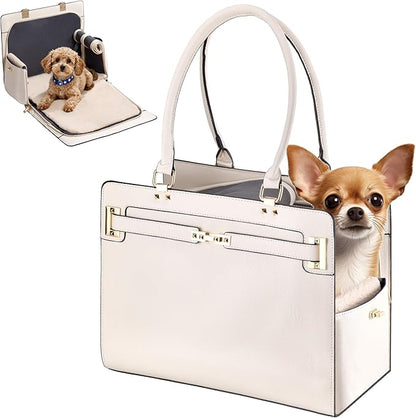 Dog Purse Carrier for Small Dogs, Stylish Foldable Pet Carrier Purse Tote Bag with Washable Cushion & Safety Leash, Airline Approved Puppy Travel Bag with Pockets (White)