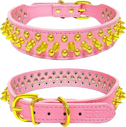 TEEMERRYCA Pink Leather Gold Spiked Studded Dog Collar for Female Puppy Small Medium Large Pets,Pit Bulls Bulldog, Keep Dog Safe from Grabbing by Huge Dogs, S 10.8"-13.2"