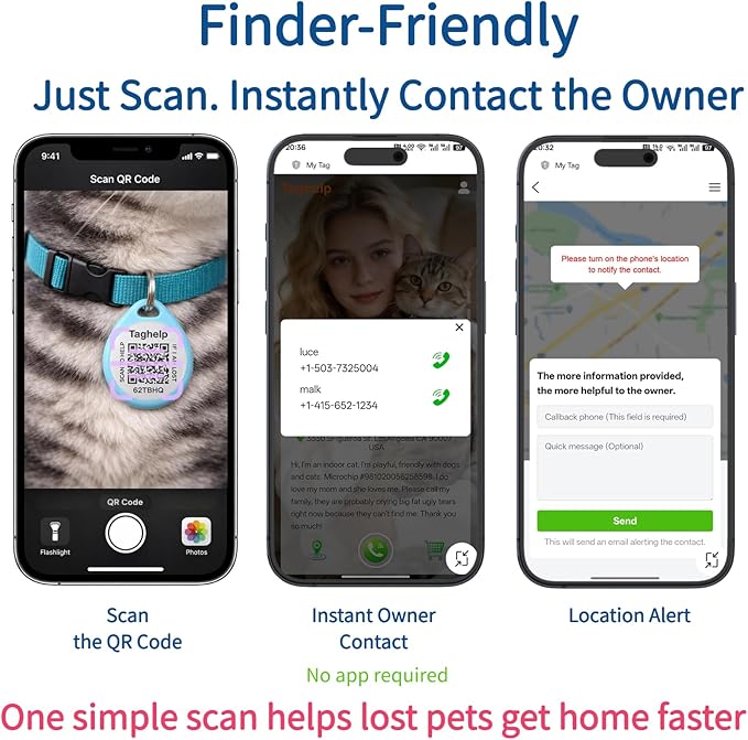 2-Pack QR Code Pet ID Dog cat Tags for Collar Personalized for Cats Online Profile - Scan QR Receive Instant Pet Location Alert Email, Anti-Lost,No Subscription fees (Blue & Pink, for cat - 1")