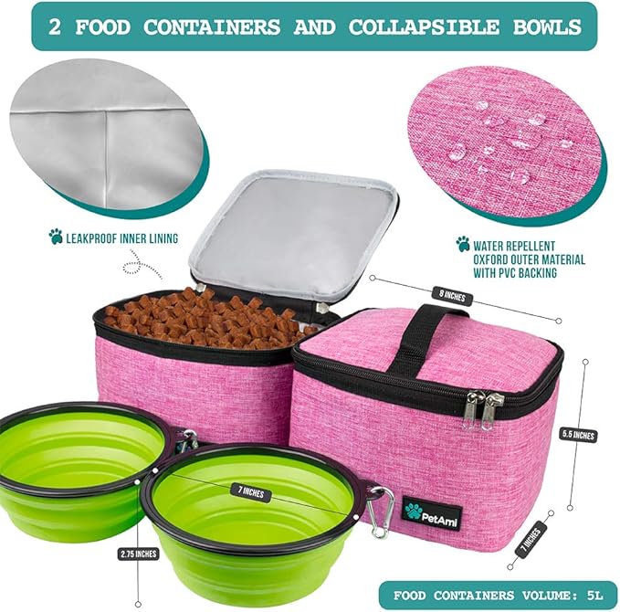 PetAmi Dog Travel Bag - Travel Pet Organizer with Food Container and Bowls, Perfect for Weekend Camping, Cat Diaper Bag (Pink, Large)