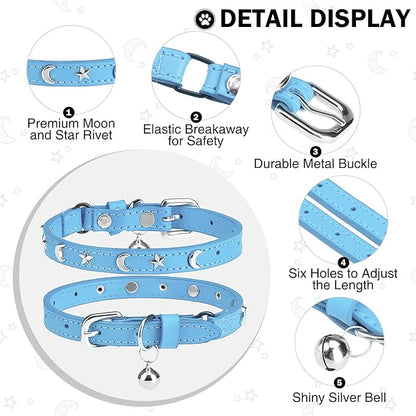 Leather Cat Collars for Boy Girl Cats with Bell and Safety Elastic Belt, Personalized Star and Moon Stud Adjustable Safe Buckle Collar for Kitty Small Big Cats Size 8-12 Inch, Light Blue
