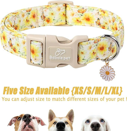 Adjustable Floral Dog Collar, Yellow Sunflower&Butterfly Dog Collars for Giant Large Dogs, Lightweight Quick-Release Buckle Collar for Boy&Girl Dogs XL