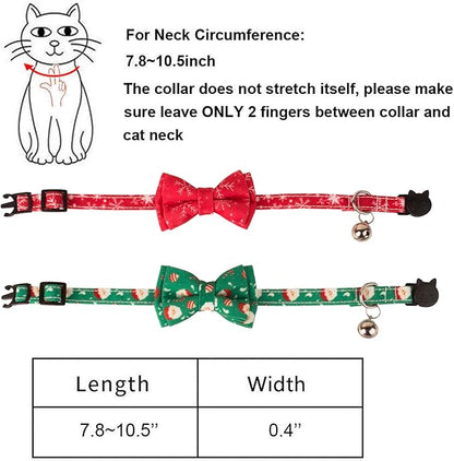 ADOGGYGO Christmas Cat Collar Breakaway with Bowtie Bell - 2 Pack Santa Snowflake Xmas Kitten Collar with Removable Bowtie Christmas Bow tie Collar for Kitten Cat
