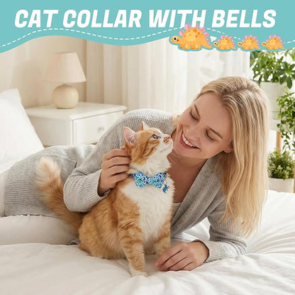 4 Pcs Breakaway Cat Collar with Bow Tie and Bell Dinosaurs Cat Kitten Collar with Removable Bowtie Adjustable Safety Collars for Boy Cats