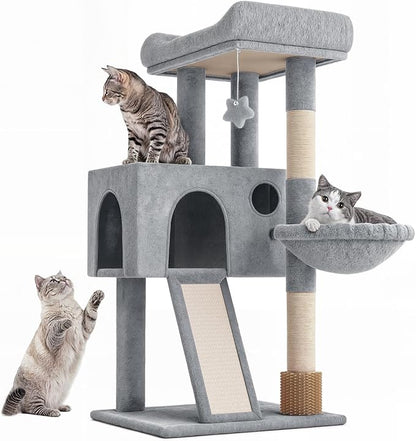 36-Inch Cat Tree Tower for Small and Medium Indoor Cats, Multi-Level Cat Furniture with Sisal Scratching Posts, Hammock, Condo & Scratching Board, Light Gray