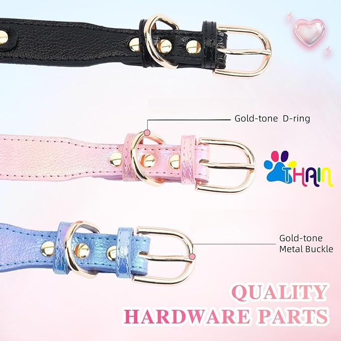 THAIN Fashion Dog Collar with Bling Diamonds & Heart Charm – 5 Holes Adjustable PU Leather Rhinestones Necklace Collar, Gold Buckle for Small Medium Dogs Girl (Pink, S)
