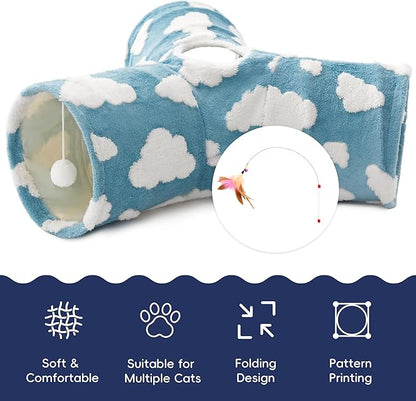 Tempcore Cat Tunnels for Indoor Cats, Cat Tube Toys 3 Way Collapsible, Pet Play Tunnel with Peek Hole Toy Ball for Kitty, Kitten, Rabbit, Blue Cloud