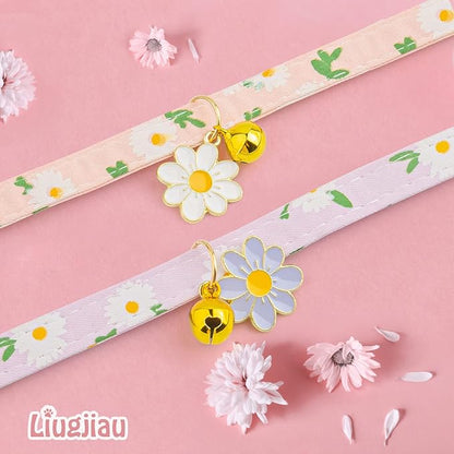 2 Pack Cotton Breakaway Cat Collar with Bell Pink&Purple Flowers Pendant Cute Kitten Cat Collar Suitable for Girls and Boys